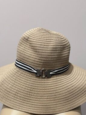 Lauren Ralph Lauren Beige Floppy Straw Hat with Navy & White Striped Band